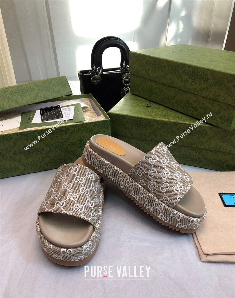 Gucci GG Fabric Platform Slide Sandal 5.5cm Beige/Grey 2024 0316 (MD-240316025)