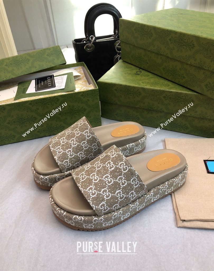 Gucci GG Fabric Platform Slide Sandal 5.5cm Beige/Grey 2024 0316 (MD-240316025)