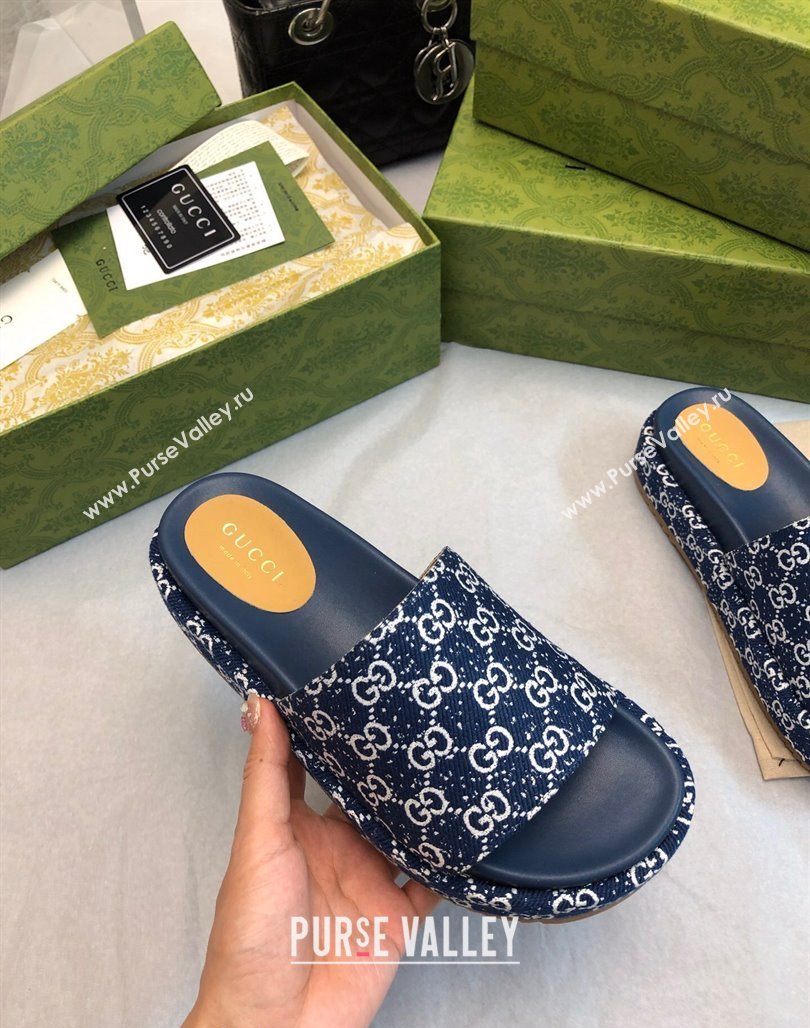 Gucci GG Fabric Platform Slide Sandal 5.5cm Navy Blue 2024 0316 (MD-240316028)