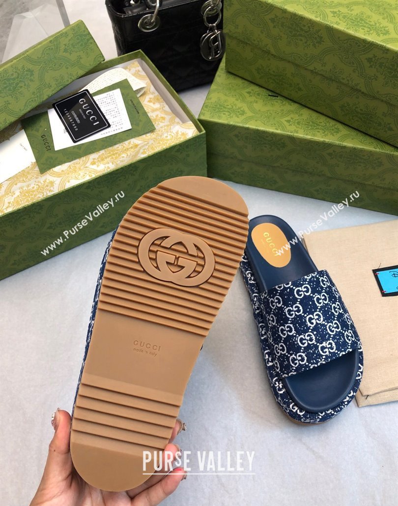 Gucci GG Fabric Platform Slide Sandal 5.5cm Navy Blue 2024 0316 (MD-240316028)