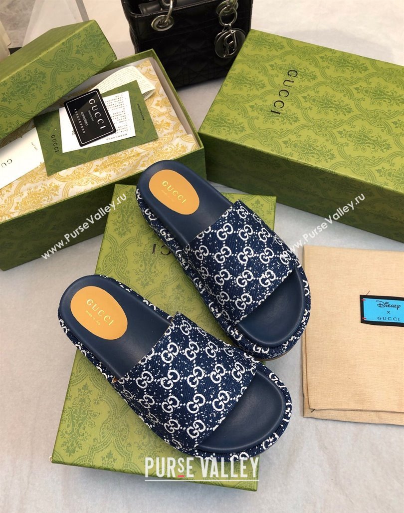 Gucci GG Fabric Platform Slide Sandal 5.5cm Navy Blue 2024 0316 (MD-240316028)