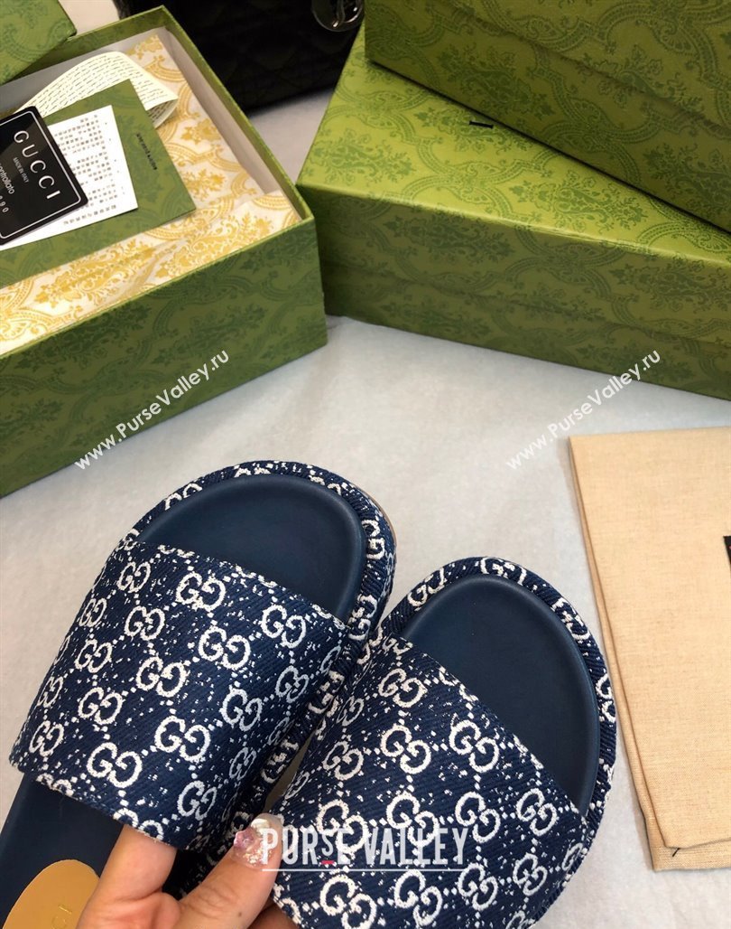 Gucci GG Fabric Platform Slide Sandal 5.5cm Navy Blue 2024 0316 (MD-240316028)