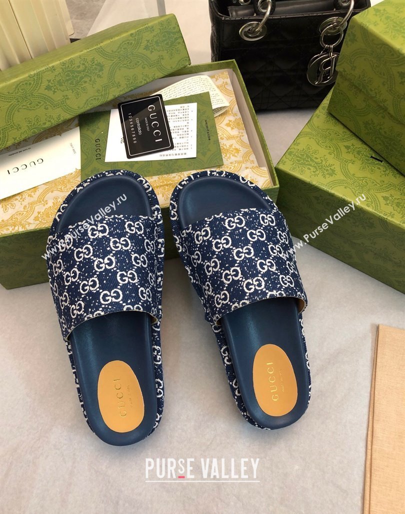 Gucci GG Fabric Platform Slide Sandal 5.5cm Navy Blue 2024 0316 (MD-240316028)