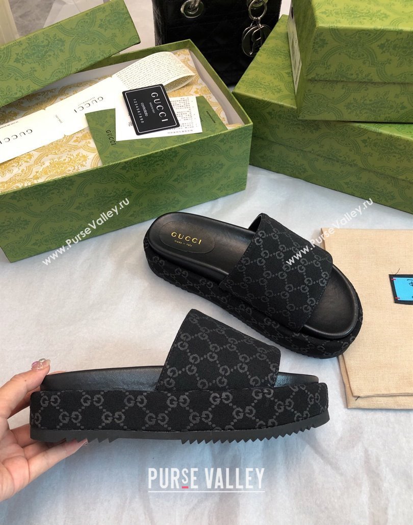 Gucci GG Fabric Platform Slide Sandal 5.5cm All Black 2024 0316 (MD-240316029)