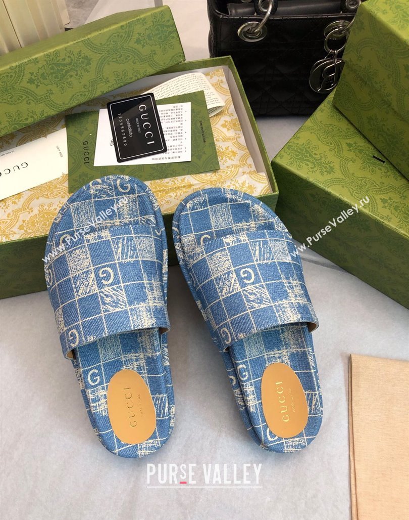 Gucci Check Denim Platform Slide Sandal 5.5cm Blue 2024 0316 (MD-240316030)