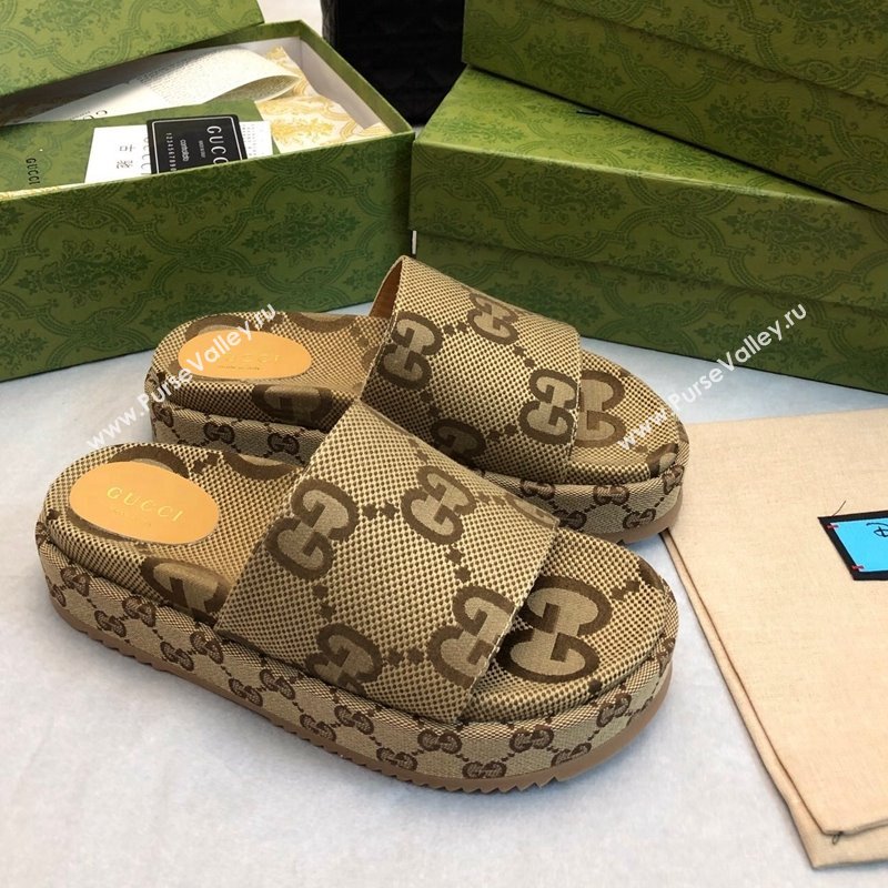 Gucci Jumbo GG Canas Platform Slide Sandal 5.5cm Camel 2024 0316 (MD-240316032)