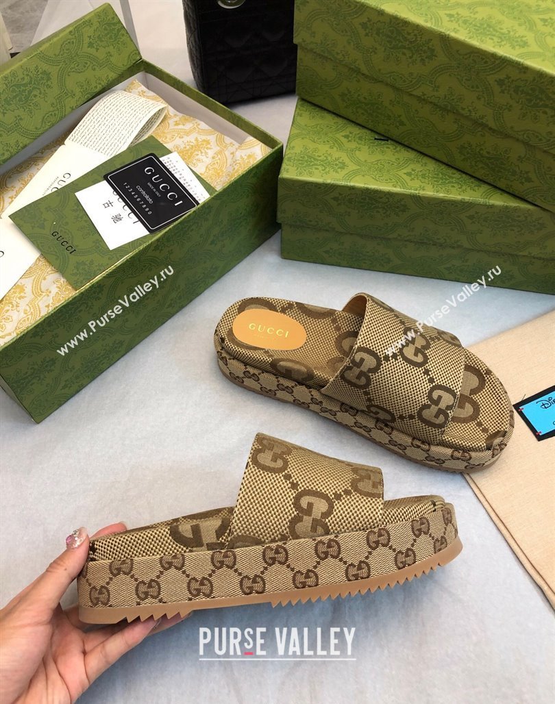 Gucci Jumbo GG Canas Platform Slide Sandal 5.5cm Camel 2024 0316 (MD-240316032)