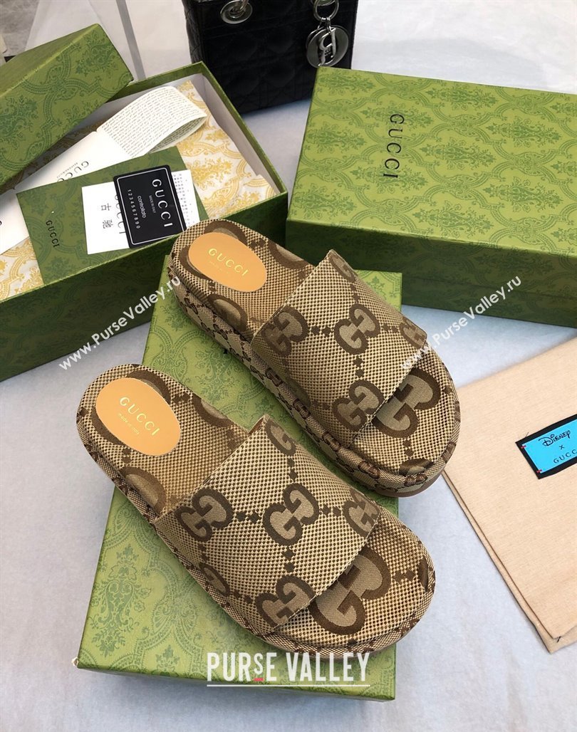 Gucci Jumbo GG Canas Platform Slide Sandal 5.5cm Camel 2024 0316 (MD-240316032)