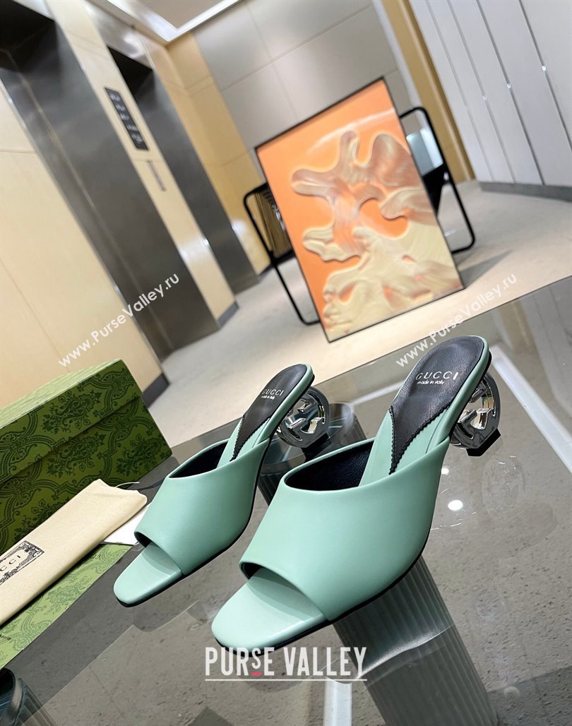 Gucci Interlocking G Leather Heel Slide Sandals 6cm Light Green 2024 772569 (MD-240316011)