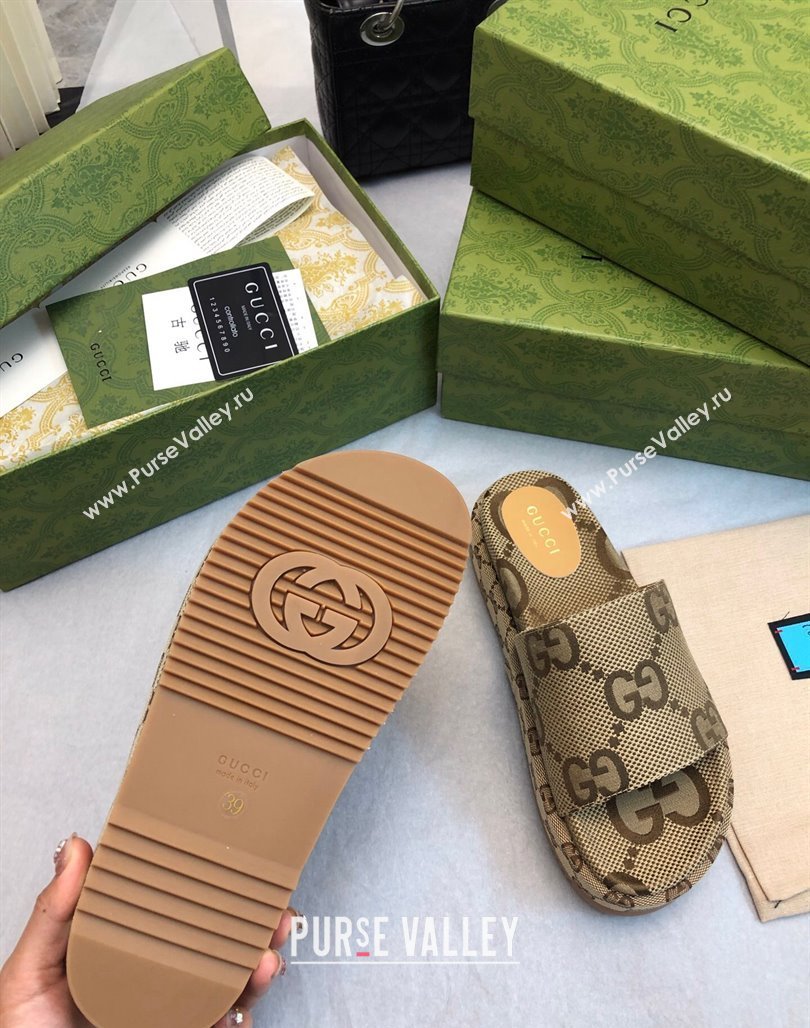 Gucci Jumbo GG Canas Platform Slide Sandal 5.5cm Camel 2024 0316 (MD-240316032)
