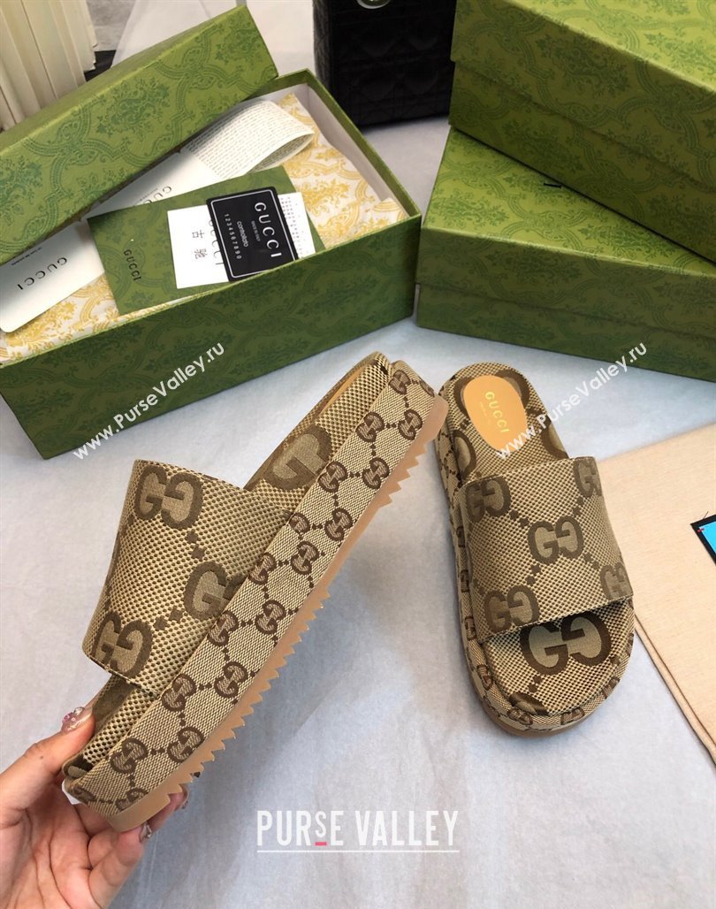 Gucci Jumbo GG Canas Platform Slide Sandal 5.5cm Camel 2024 0316 (MD-240316032)