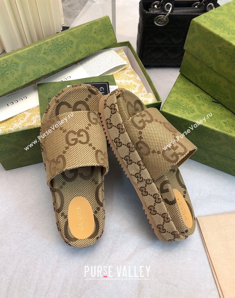 Gucci Jumbo GG Canas Platform Slide Sandal 5.5cm Camel 2024 0316 (MD-240316032)