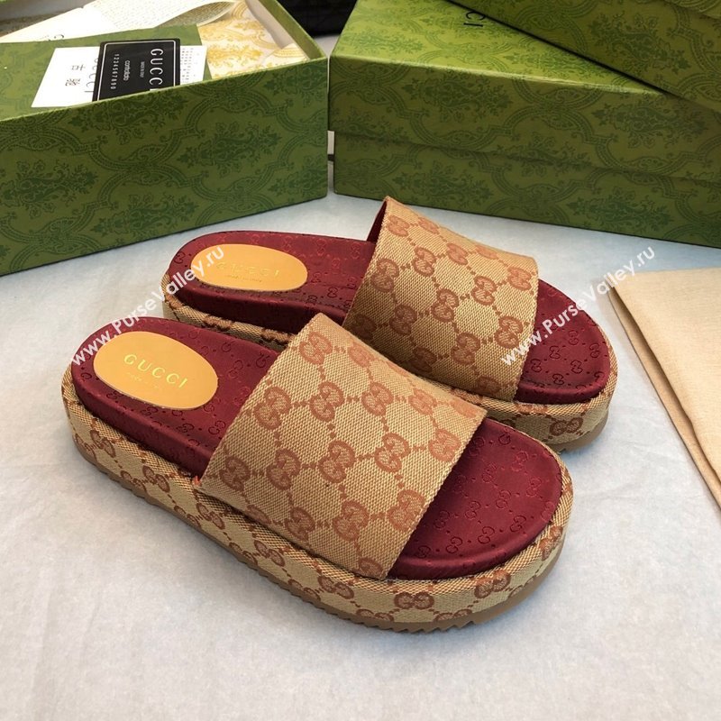 Gucci GG Canvas Platform Slide Sandal 5.5cm Beige/Burgundy 2024 0316 (MD-240316033)