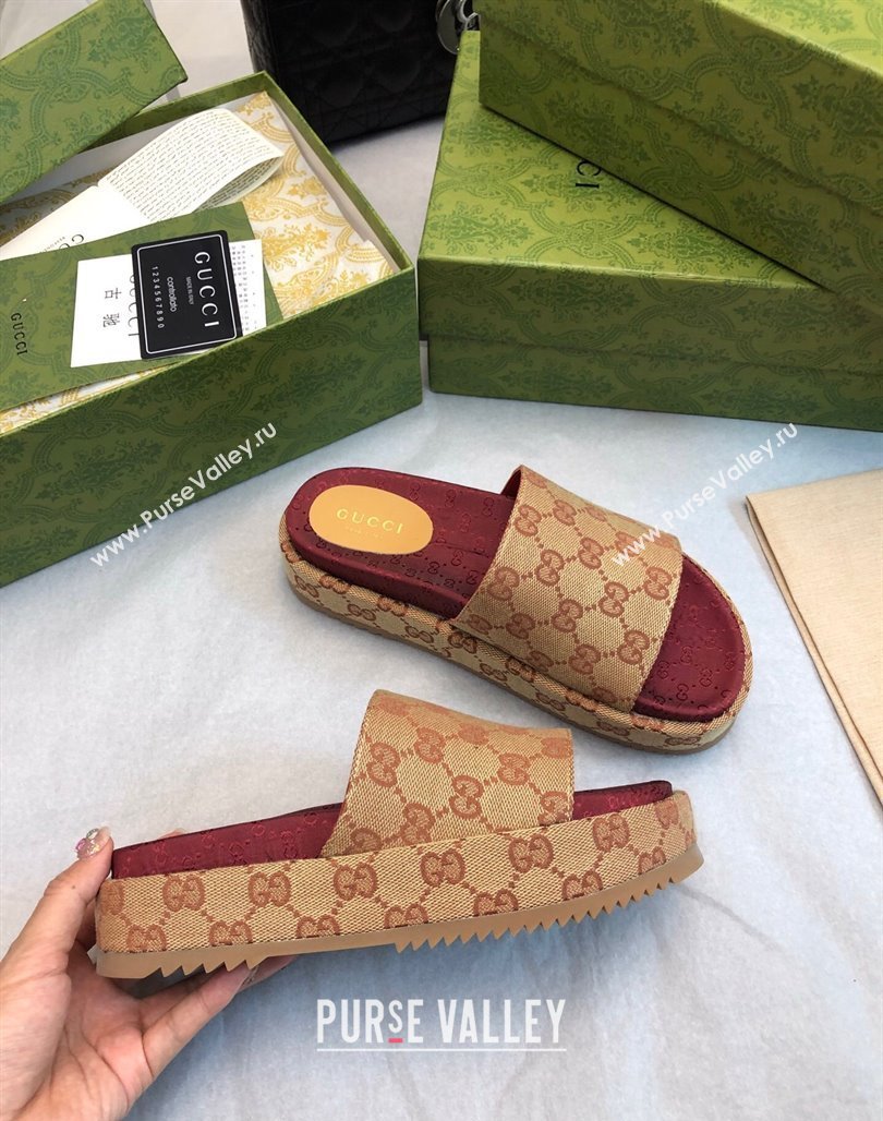 Gucci GG Canvas Platform Slide Sandal 5.5cm Beige/Burgundy 2024 0316 (MD-240316033)