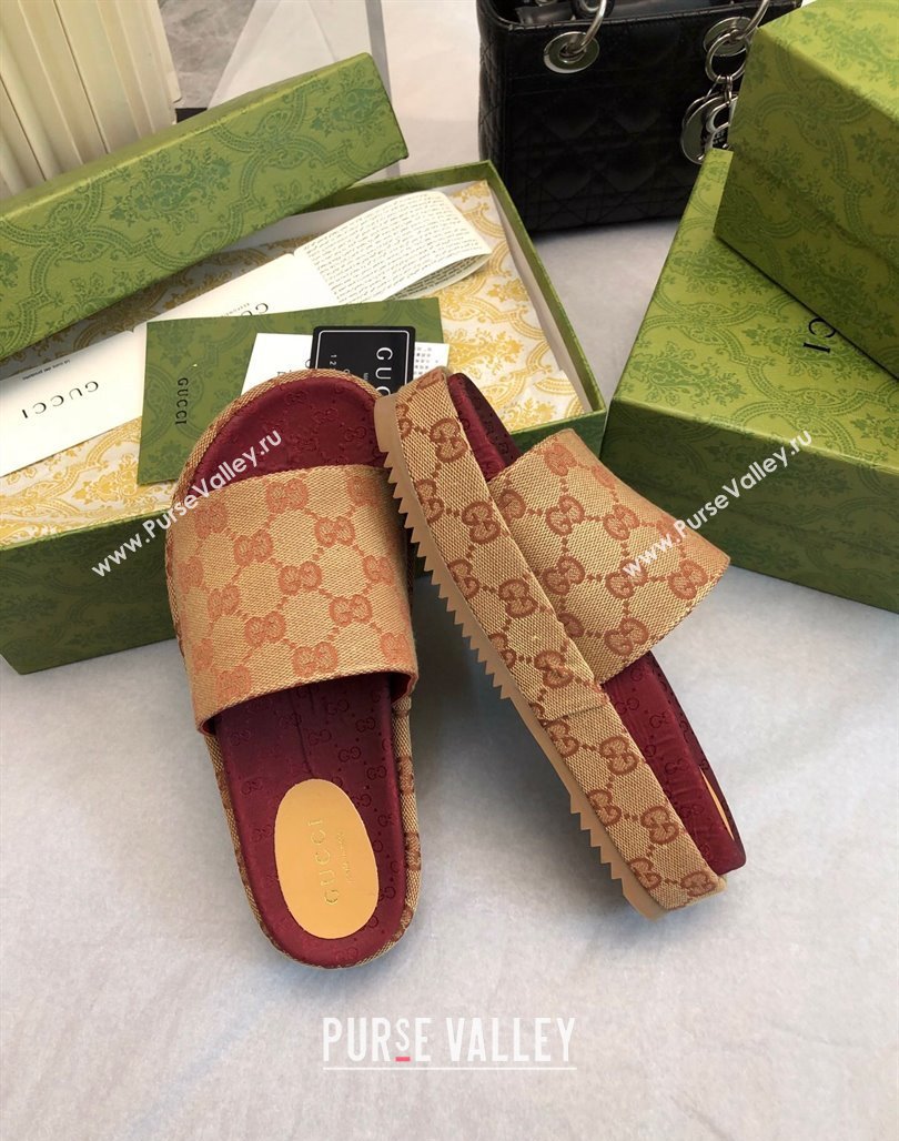 Gucci GG Canvas Platform Slide Sandal 5.5cm Beige/Burgundy 2024 0316 (MD-240316033)