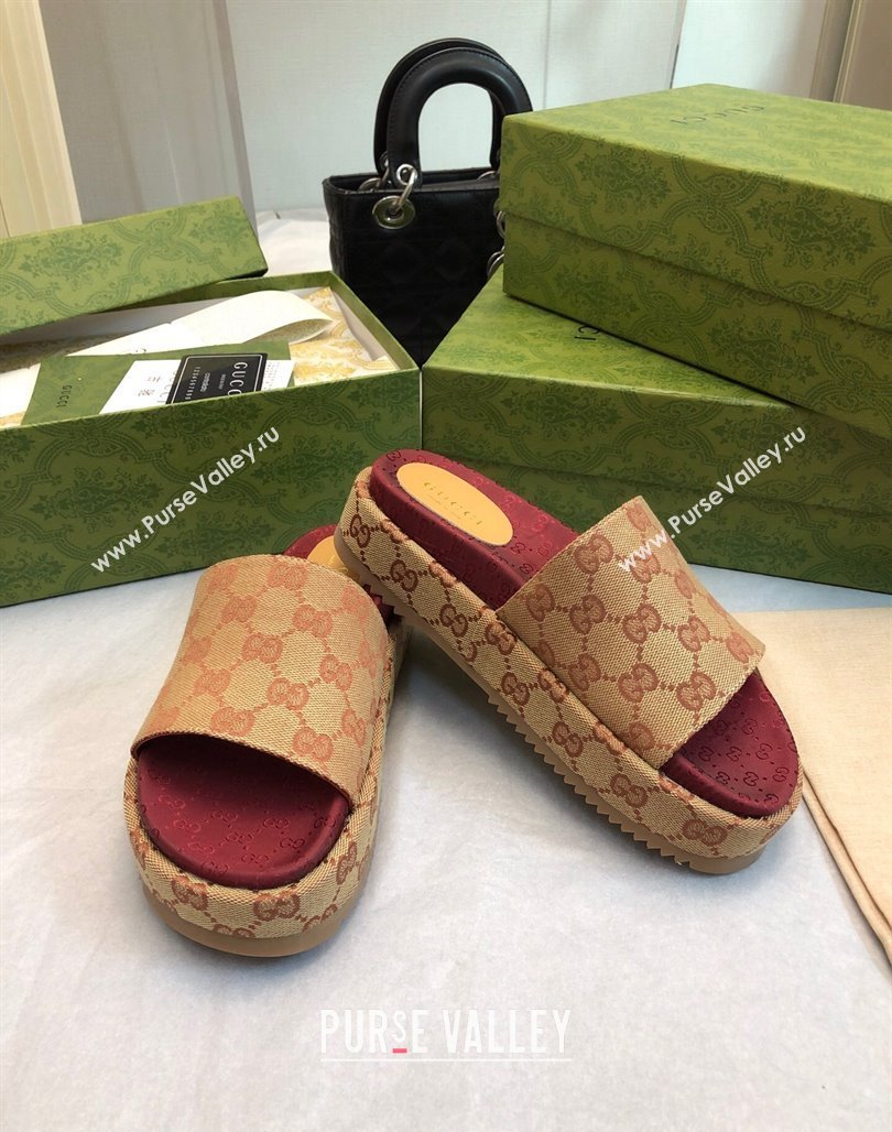 Gucci GG Canvas Platform Slide Sandal 5.5cm Beige/Burgundy 2024 0316 (MD-240316033)