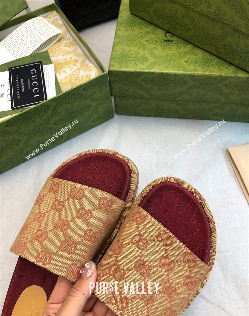 Gucci GG Canvas Platform Slide Sandal 5.5cm Beige/Burgundy 2024 0316 (MD-240316033)