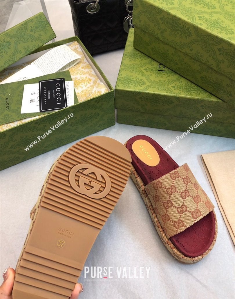 Gucci GG Canvas Platform Slide Sandal 5.5cm Beige/Burgundy 2024 0316 (MD-240316033)