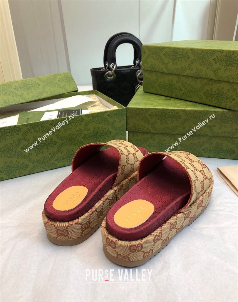 Gucci GG Canvas Platform Slide Sandal 5.5cm Beige/Burgundy 2024 0316 (MD-240316033)