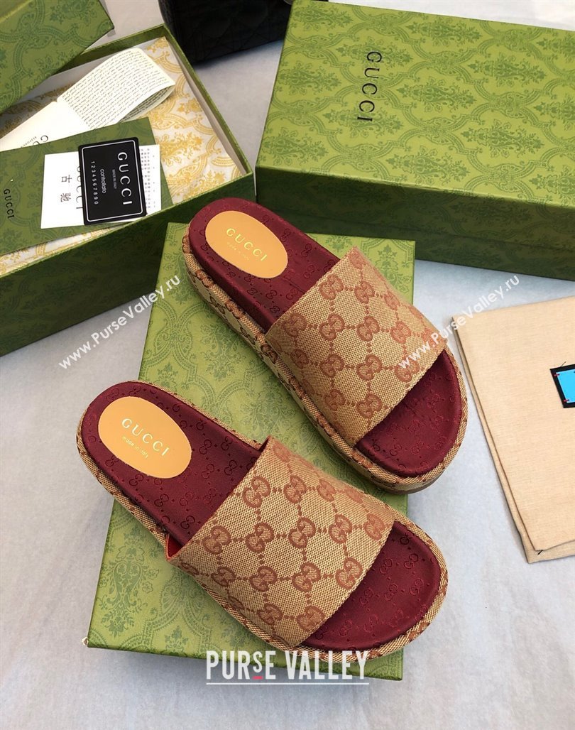 Gucci GG Canvas Platform Slide Sandal 5.5cm Beige/Burgundy 2024 0316 (MD-240316033)