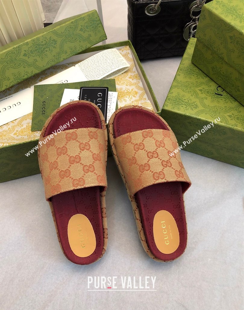 Gucci GG Canvas Platform Slide Sandal 5.5cm Beige/Burgundy 2024 0316 (MD-240316033)