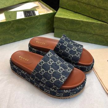Gucci GG Denim Platform Slide Sandal 5.5cm Dark Blue 2024 0316 (MD-240316034)