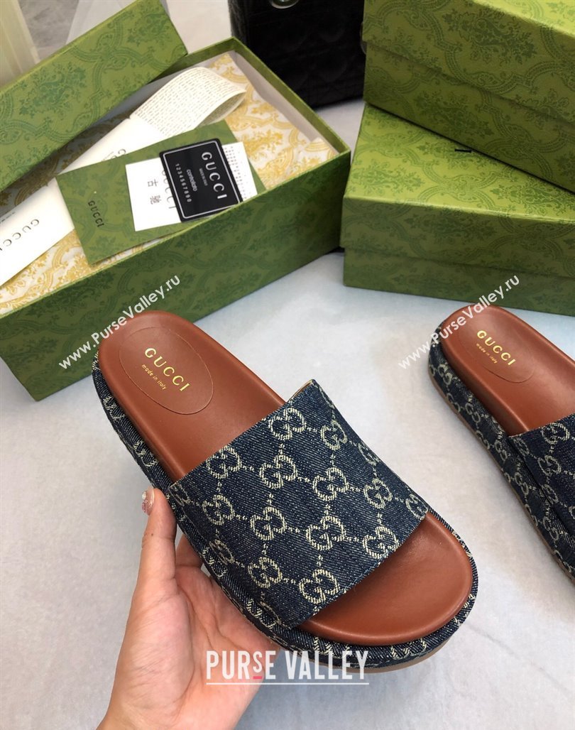 Gucci GG Denim Platform Slide Sandal 5.5cm Dark Blue 2024 0316 (MD-240316034)