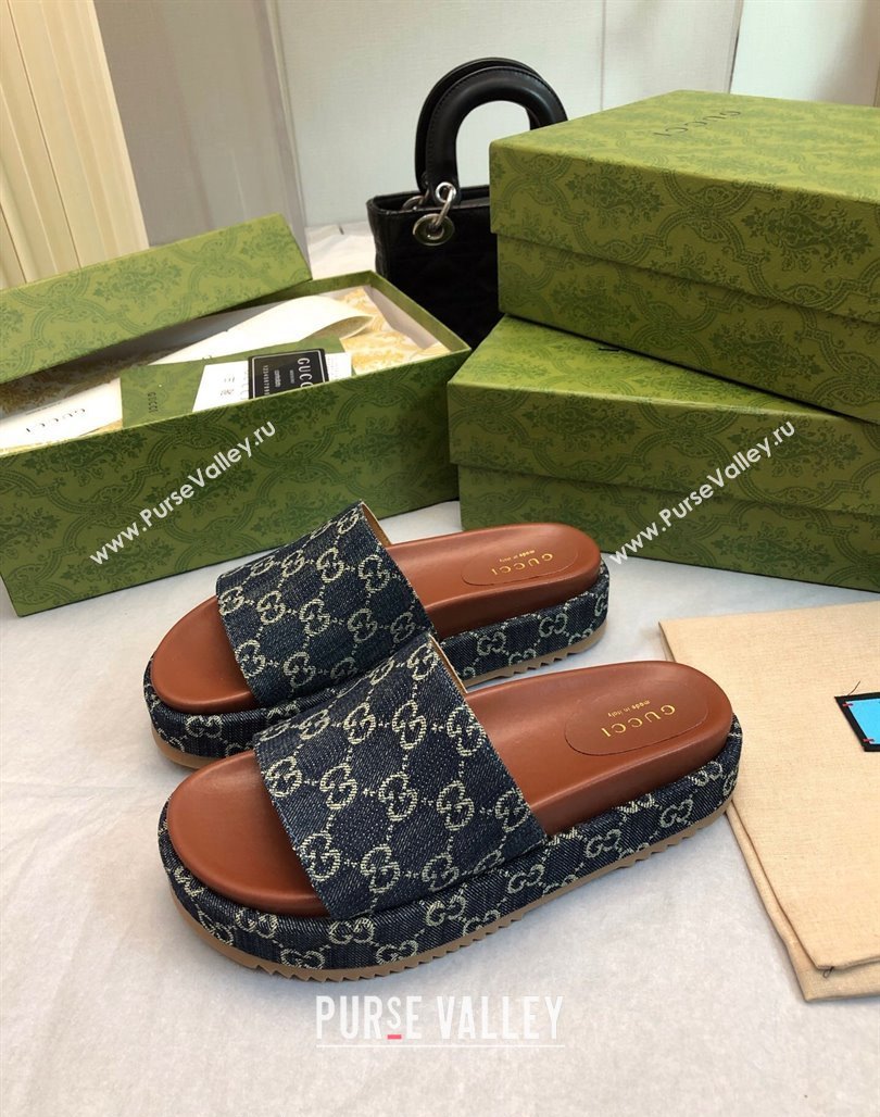 Gucci GG Denim Platform Slide Sandal 5.5cm Dark Blue 2024 0316 (MD-240316034)
