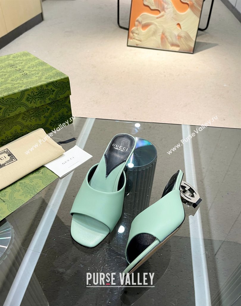 Gucci Interlocking G Leather Heel Slide Sandals 6cm Light Green 2024 772569 (MD-240316011)