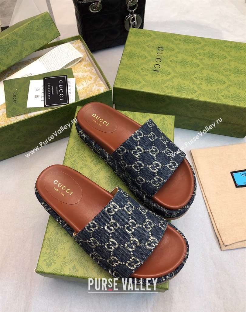 Gucci GG Denim Platform Slide Sandal 5.5cm Dark Blue 2024 0316 (MD-240316034)