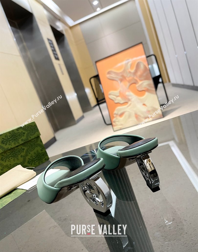 Gucci Interlocking G Leather Heel Slide Sandals 6cm Light Green 2024 772569 (MD-240316011)