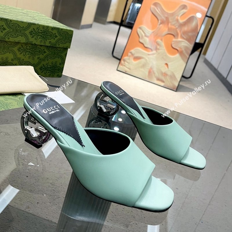 Gucci Interlocking G Leather Heel Slide Sandals 6cm Light Green 2024 772569 (MD-240316011)
