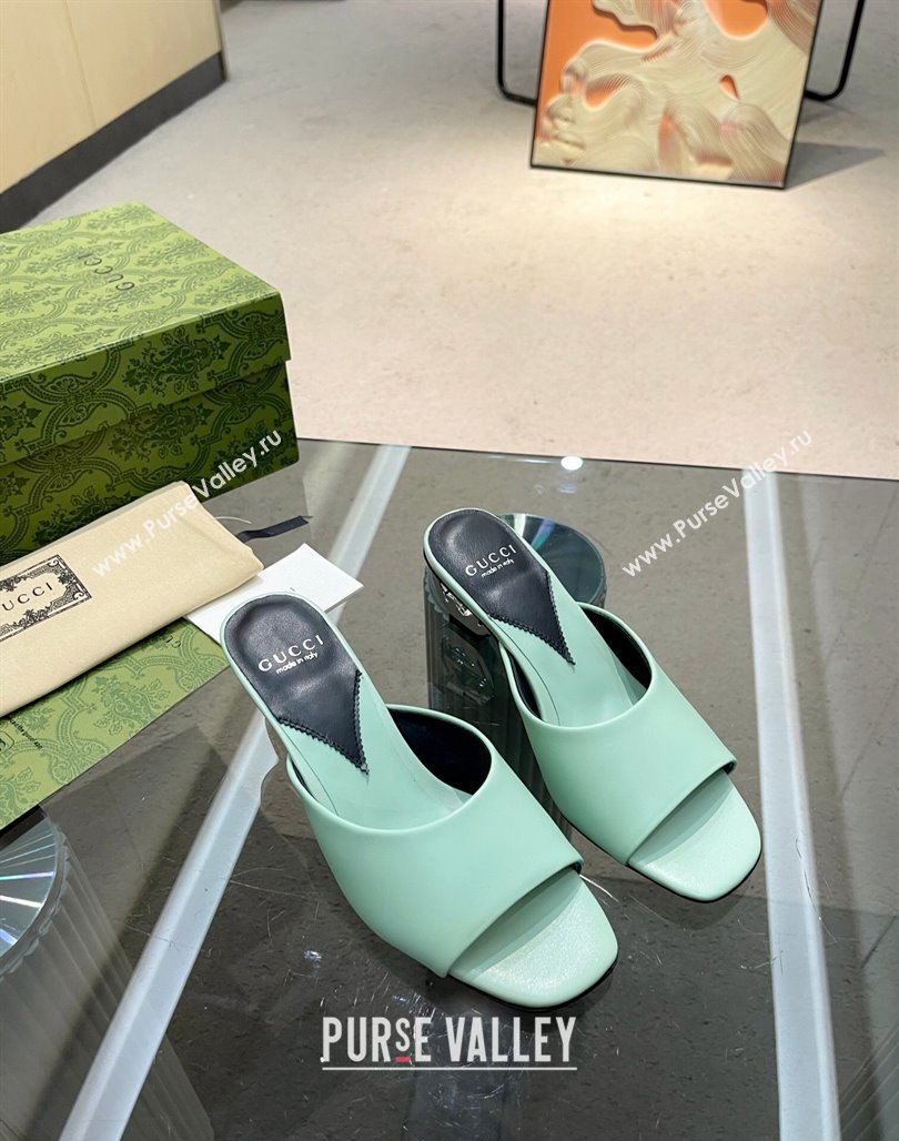 Gucci Interlocking G Leather Heel Slide Sandals 6cm Light Green 2024 772569 (MD-240316011)