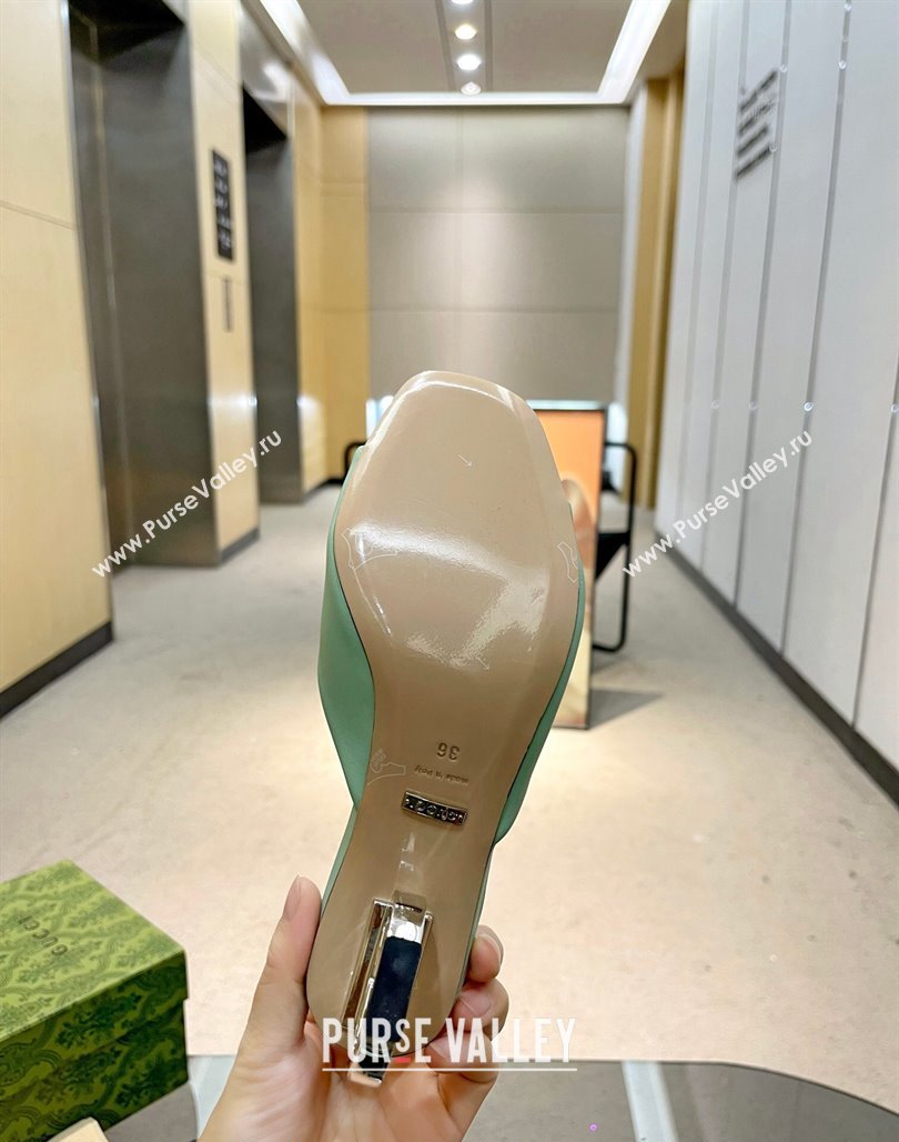 Gucci Interlocking G Leather Heel Slide Sandals 6cm Light Green 2024 772569 (MD-240316011)