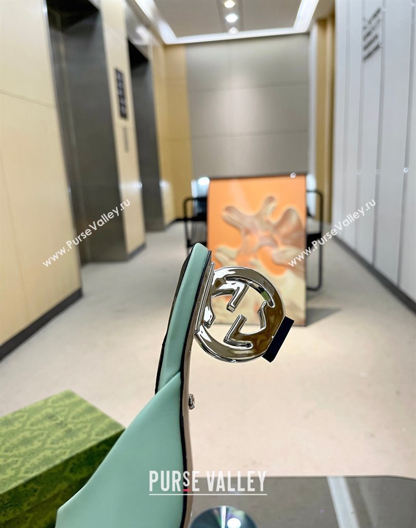 Gucci Interlocking G Leather Heel Slide Sandals 6cm Light Green 2024 772569 (MD-240316011)