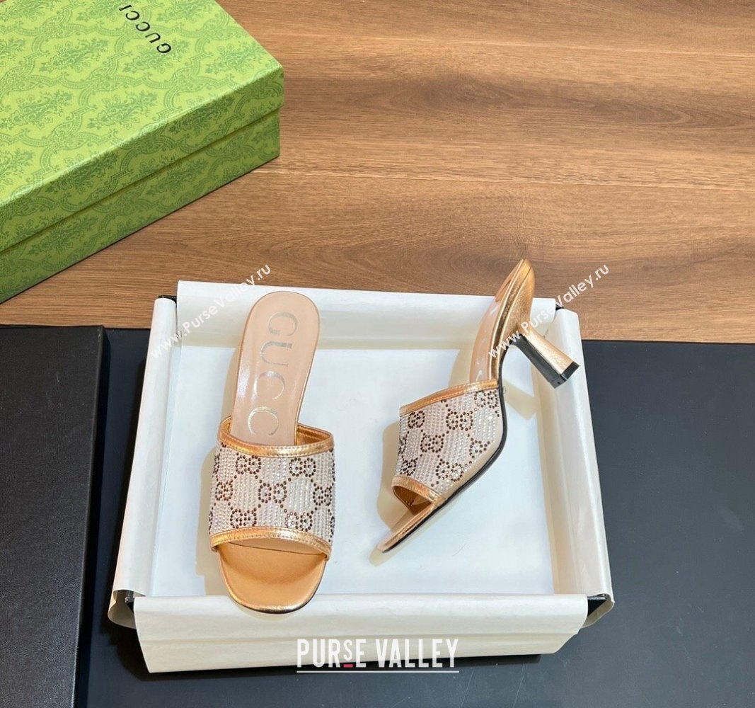 Gucci Heel Slide Sandals 7.5cm with Crystals GG Gold Leather 2024 0319 (SS-240319049)