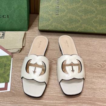 Gucci Leather Flat Slide Sandals with Interlocking G Cut-out White 2024 0319 (SS-240319060)