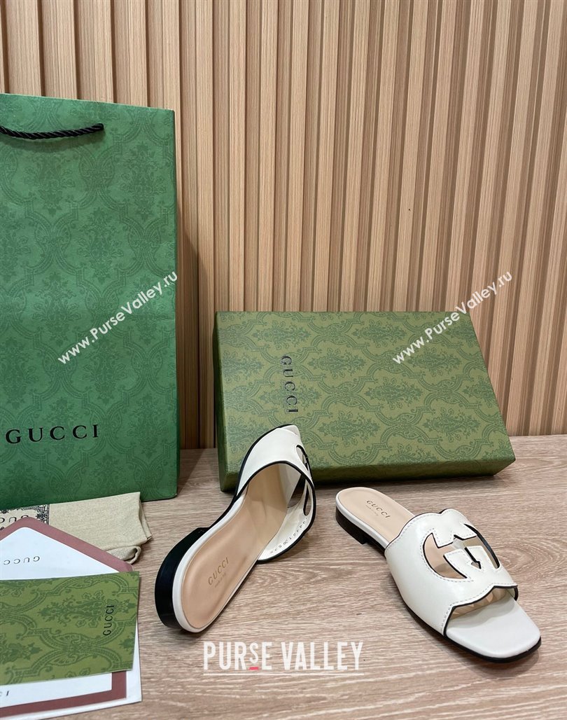 Gucci Leather Flat Slide Sandals with Interlocking G Cut-out White 2024 0319 (SS-240319060)