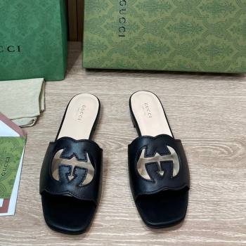 Gucci Leather Flat Slide Sandals with Interlocking G Cut-out Black 2024 0319 (SS-240319061)