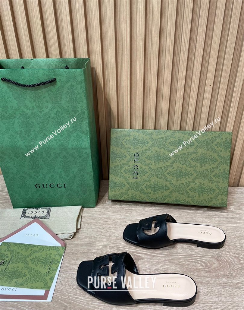 Gucci Leather Flat Slide Sandals with Interlocking G Cut-out Black 2024 0319 (SS-240319061)