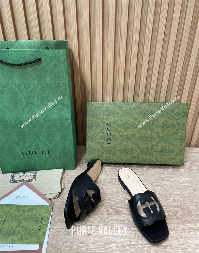 Gucci Leather Flat Slide Sandals with Interlocking G Cut-out Black 2024 0319 (SS-240319061)