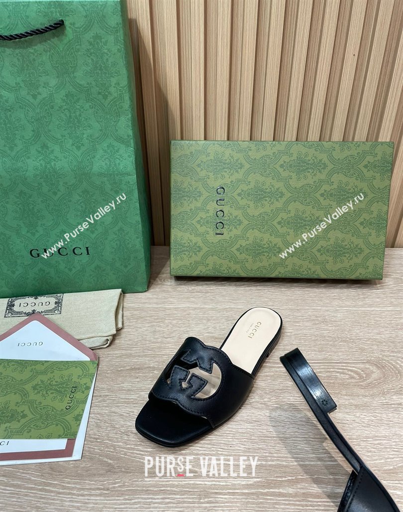 Gucci Leather Flat Slide Sandals with Interlocking G Cut-out Black 2024 0319 (SS-240319061)