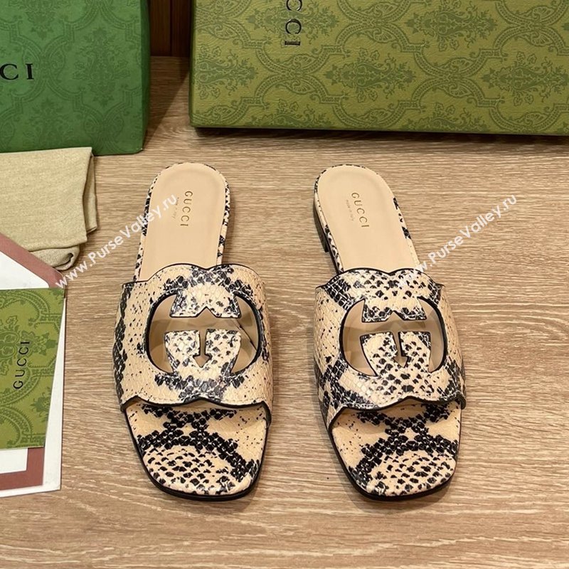 Gucci Snakeskin Printed Leather Flat Slide Sandals with Interlocking G Cut-out 2024 0319 (SS-240319062)