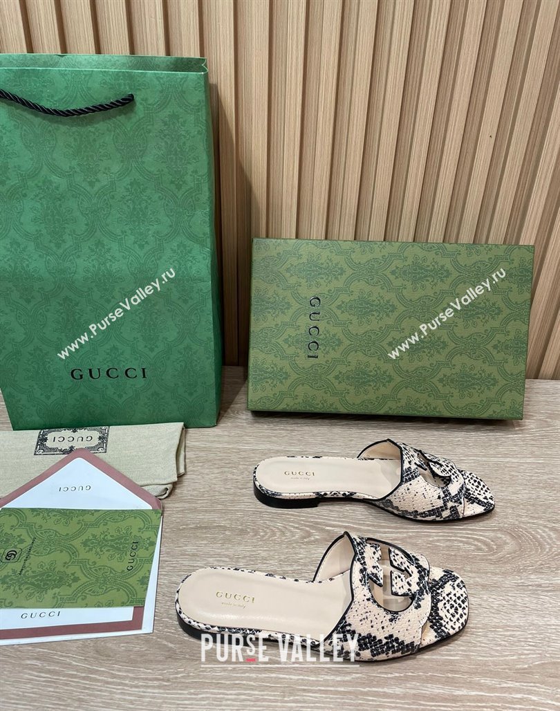 Gucci Snakeskin Printed Leather Flat Slide Sandals with Interlocking G Cut-out 2024 0319 (SS-240319062)