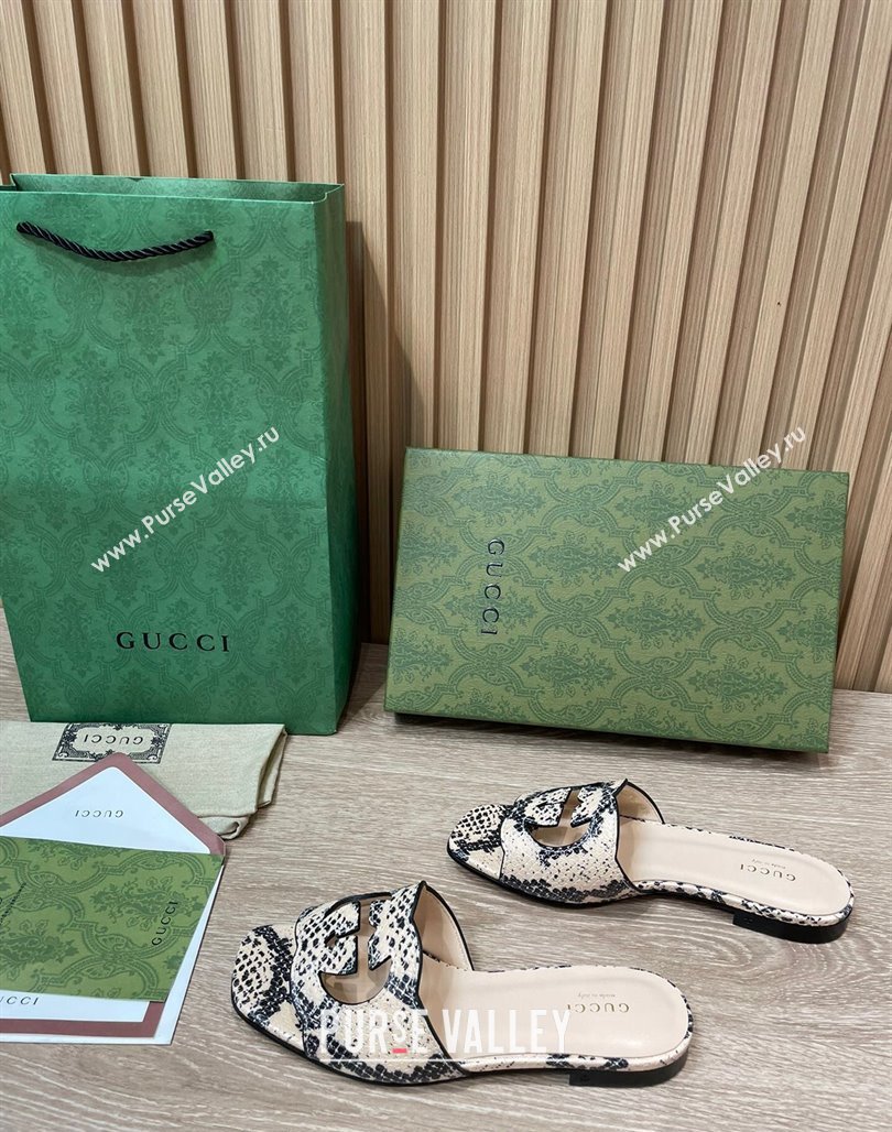 Gucci Snakeskin Printed Leather Flat Slide Sandals with Interlocking G Cut-out 2024 0319 (SS-240319062)