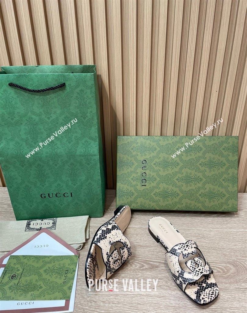 Gucci Snakeskin Printed Leather Flat Slide Sandals with Interlocking G Cut-out 2024 0319 (SS-240319062)