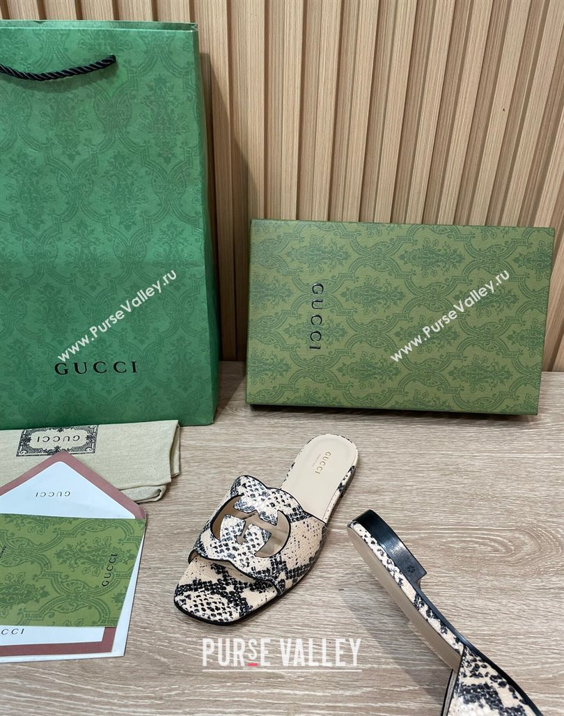 Gucci Snakeskin Printed Leather Flat Slide Sandals with Interlocking G Cut-out 2024 0319 (SS-240319062)