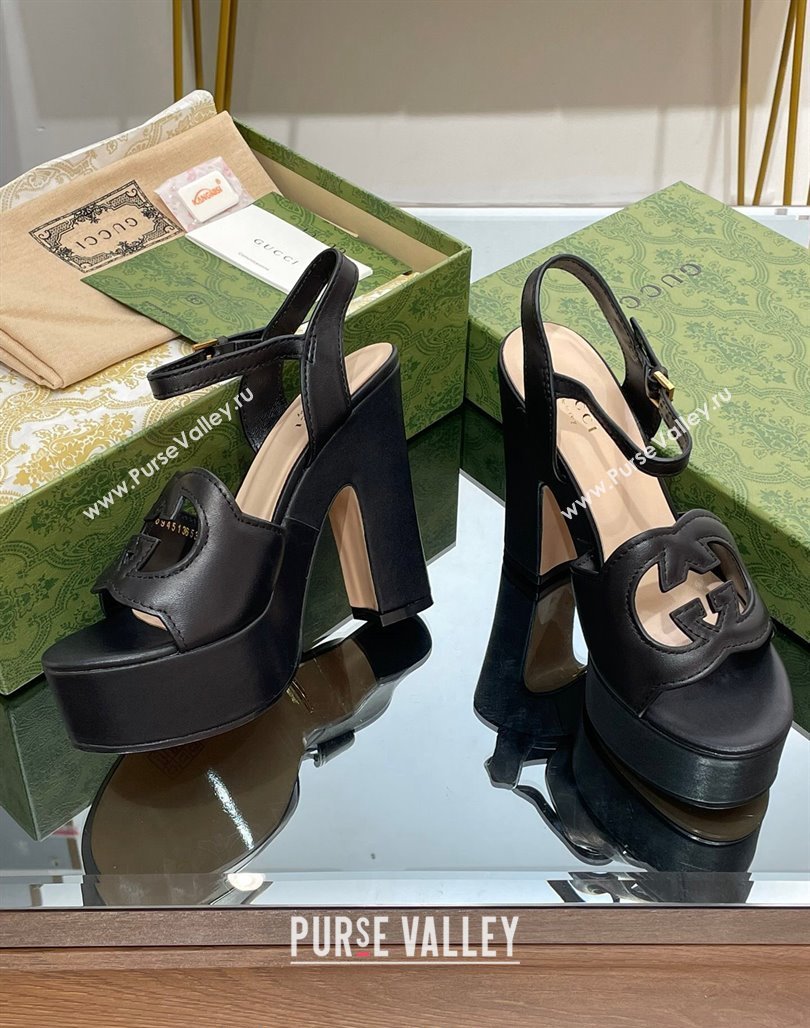 Gucci Leather Interlocking G Platform Sandals 12cm Black 2024 (SS-240320006)