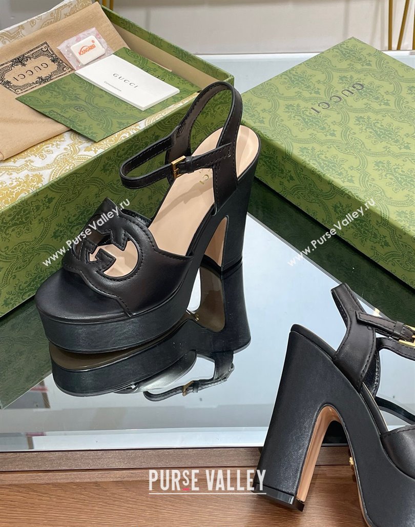 Gucci Leather Interlocking G Platform Sandals 12cm Black 2024 (SS-240320006)