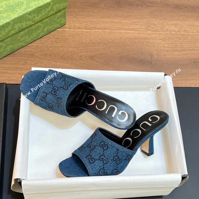 Gucci Denim Heel Slide Sandals 7.5cm with Crystals GG Dark Blue 2024 0319 (SS-240319048)